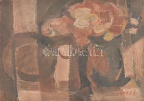 Seres János (1920-2004): Csendélet virággal. Olajtempera, farost, jelzett, hátoldalán autográf felirattal és Képcsarnok Vállalat, Artunion valamint Művészeti Alap központi műtárgyraktár címkéjével, 34,5×48 cm