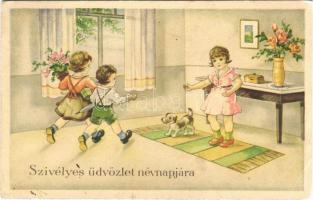 Szivélyes üdvözlet névnapjára / Name Day greeting card, children with dog (EK)