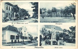 1936 Fülöpszállás, M. kir. Állami elemi iskola, Községháza, M. kir. Csendőrlaktanya, Hősök szobra, emlékmű. Hangya Szövetkezet kiadása (Rb)