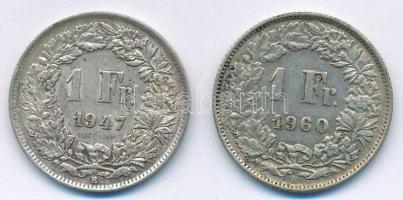 Svájc 1947B-1960B 1Fr Ag (2xklf) T:2,2- patina Switzerland 1947B-1960B 1 Franc Ag (2xdiff) C:XF,VF patina Krause KM#24