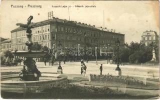 1911 Pozsony, Pressburg, Bratislava; Kossuth Lajos tér, Kozics üzlete, kávéház, szökőkút. Photobrom 15. sz. / square, shops, café, fountain (EM)