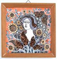 Vén Edit (1937-): Kosaras lány. Zománcfesték, kerámia, jelzett a hátoldalán is, fa keretben, 15×15 cm