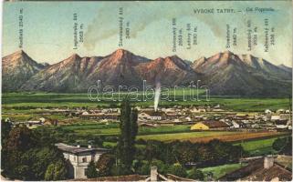 1922 Tátra, Magas Tátra, Vysoké Tatry; hegycsúcsok Poprád felől, fűrésztelep, fatelep / mountain peaks, sawmill (EB)