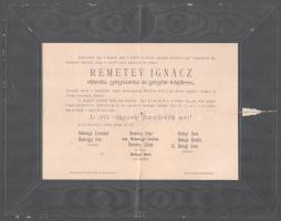 1902 Remetey Ignácz, okleveles gyógyszerész és gyógytár-tulajdonos, Abrudbánya, gyászjelentés, szakadással, hajtásnyommal, 23x29,5 cm