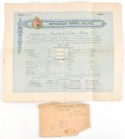 1931 Népiskolai tanítói oklevél, díszes fejléces, címeres papíron, hajtásnyommal, kisebb szakadással, sérült Csillaghegyi állami feliratú, sérült borítékban, 39,5x47,5 cm
