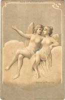 Amor & Psyche. Nahe vor ein Licht halten / Art Nouveau erotic nude. Kosmos Kunstanstalt 202. hold to light litho