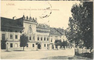 1908 Lőcse, Levoca; Thurzó féle ház, jelenleg Gróf Csáky Vidor tulajdona. Braun Fülöp kiadása / mansion + KASSA - RUTTKA 181. SZ vasúti mozgóposta bélyegző (EK)