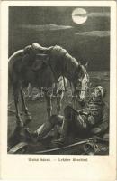 Az utolsó búcsú / Letzter Abschied / WWI Austro-Hungarian K.u.K. military art postcard, injured soldiers farewell from his horse
