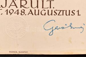 1948 Emléklap a Margit híd újjáépítésében való részvételért, Gerő Ernő közlekedési miniszter aláírás...