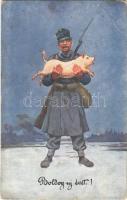 Boldog Újévet! / WWI Austro-Hungarian K.u.K. military art postcard with New Year greeting, soldier with pig. B.K.W.I. 3164-3. (EB)
