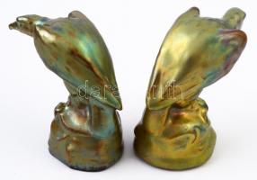 Zsolnay eozin mázas keselyűk, 2 db, jelzett, kopásokkal, m: 5 cm és 5,5 cm