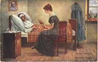 Kedves látogató / Ein lieber Besuch / WWI Austro-Hungarian K.u.K. military art postcard, romantic couple, injured soldier, portrait of Franz Joseph. B.K.W.I. 930-8. (EK)