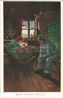 1917 Boldog Karácsonyi Ünnepeket! / WWI Austro-Hungarian K.u.K. military art postcard with Christmas greeting, soldier at home. H.H.i.W. Nr. 1447. (EK)