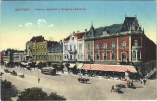 1918 Debrecen, Ferenc József út, Hungária kávéház, villamos, üzletek