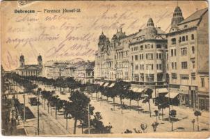 1920 Debrecen, Ferenc József út, villamos, üzletek, Kossuth Lajos gyógyszertár. Thaisz A. kiadása (EB)