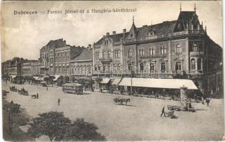 1918 Debrecen, Ferenc József út, Hungária kávéház, villamos, üzletek, gyógyszertár (Rb)