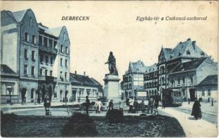 1927 Debrecen, Egyház tér, Csokonai szobor, villamos (Rb)