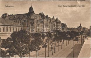 1916 Debrecen, Első Takarékpénztár palotája, Tóth, Kontsek Kornél üzlete, villamos. Vasúti Levelezőlapárusítás 575.