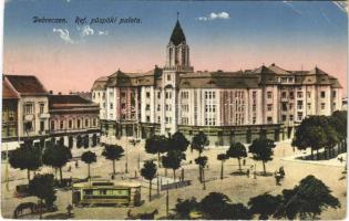 Debrecen, Református püspöki palota, villamos, üzletek (EB)