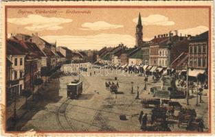 1914 Sopron, Várkerület, villamos, piac, Lang Frigyes üzlete. Blum Nátán és Fia kiadása (EK)