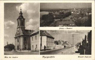 Nyergesújfalu, Római katolikus templom, Kossuth Lajos utca, látkép a Dunával. Siklósi Pál kiadása (gyűrődés / crease)