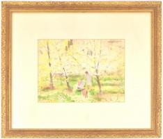 Diósy Antal (1895-1977): Kertben. Akvarell, papír, jelzett. Díszes, üvegezett fa keretben, 26×36 cm