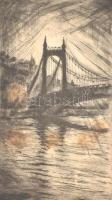 Szőnyi István (1894-1960): A régi Erzsébet-híd. Rézkarc, papír, jelzett, paszpartuban, 48×27 cm