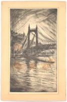 Szőnyi István (1894-1960): A régi Erzsébet-híd. Rézkarc, papír, jelzett, paszpartuban, 48×27 cm