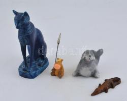 4 db kő és kerámia állat figura, benne egyiptomi macska istennő