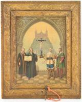 Zenélő kép. Evangelisták (Melanchtnon, Luther, Gustav Adolf) Szép állapotban lévő nyomat. Működő zenélő szerkezet, kulccsal 48x57 cm