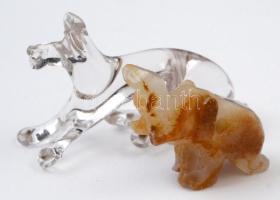 Átfúrt ásvány elefánt, lepattanásokkal, 2,5x4 cm + Üveg kutyafigura 3,5x6 cm