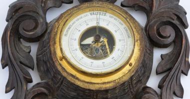 Hőmérő és barométer díszes fa keretben, 46,5x23 cm