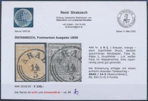 1kr HP Ib narancs, látványosan túlfestékezett nyomat, lemezhibával "ARAD" Certificate: Str...