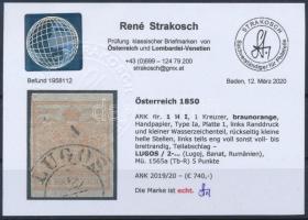 1kr HP Ia brownish orange margin piece with watermark "LUGOS" Certificate: Strakosch 1kr H...