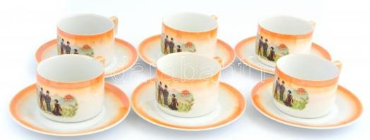 Zsolnay porcelán csészék (6db), hozzá tartozó aljakkal, matricás, jelzett, apró kopásokkal, lepattanásokkal, d: 15 cm, csésze m: 6 cm