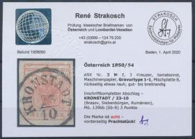 3kr MP tomato red, Gravurtype 1-1 "KRONSTADT" Certificate: Strakosch 3kr MP paradicsom pir...