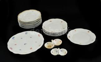 Zsolnay porcelán készlet, közte tálca (1 db), sótartó (2 db), mélytányér (9 db), lapos tányér (6 db), matricás, jelzett, kopásokkal, tányér d: 24 cm, tálca d: 31,5 cm sótartó: 12,5x7,5 cm, 15x8 cm