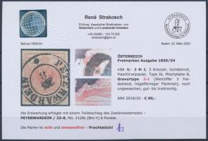 3kr MP Ib tomato red, Gravurtype 2-1 "PETERWARDEIN" Certificate: Strakosch 3kr MP Ib parad...