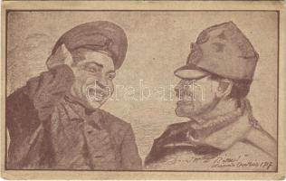1918 Itt a béke!, I. világháborús magyar és orosz katona / WWI Hungarian and Russian soldier, peace propaganda s: Lázár Oszkár (14,6 cm x 9,7 cm) (EK)