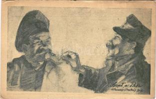 1918 Szent a Béke! I. világháborús magyar és orosz katona / WWI Hungarian and Russian soldier, peace propaganda s: Lázár Oszkár (14,6 cm x 9,7 cm) (EK)