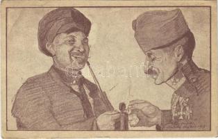 1918 "Békepipa!" I. világháborús magyar és orosz katona / WWI Hungarian and Russian soldier, peace propaganda s: Lázár Oszkár (14,6 cm x 9,7 cm) (EK)