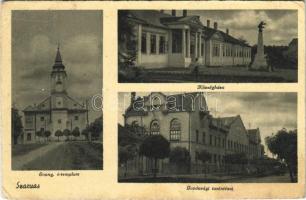 1943 Szarvas, Evangélikus ó-templom, Községháza, Gazdasági tanintézet, Hősök szobra, emlékmű (gyűrődés / crease)