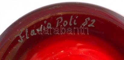 Piros-narancs-fehér üveg váza, anyagában színezett, Flavio Poli jelzéssel, kopásnyomokkal, m: 16 cm