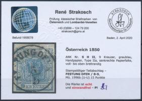 9kr HP II greyish blue, vertical paper crease "FESTUNG OFEN" Certificate: Strakosch 9kr HP...