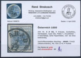 9kr HP III dark blue, plate flaw and paper crease "ARAD" Certificate: Strakosch 9kr HP III...