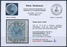 9kr HP IIb greyish blue, small margin, with paper crease "PETERWARDEIN" Certificate: Strak...