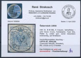 9kr HP III fresh blue, nice print "LIPTO ST. MIKLOS" Certificate: Strakosch 9kr HP III élé...