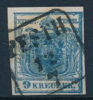 9kr HP II greyish blue, margin piece with plate flaw 