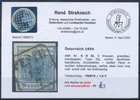 9kr HP II greyish blue, margin piece with plate flaw "PESTH" Certificate: Strakosch 9kr HP...