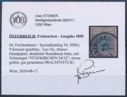 9kr HP IIc greyish blue, margin piece "FÜNFKIRCHEN" Christmas date. Certificate: Steiner 9...